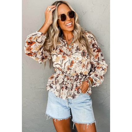 Parchment Floral Buttoned Peplum Top
