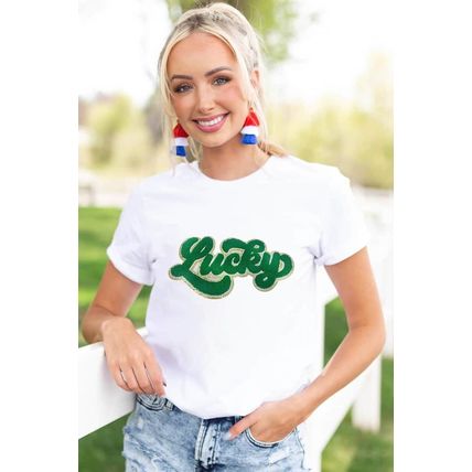 White St. Patrick Lucky Chenille Glitter Patched Graphic T Shirt