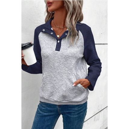 Gray Textured Contrast Splicing Raglan Sleeve Top