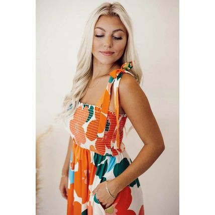 Orange Floral Self Tied Straps Smocked Bust Maxi Dress