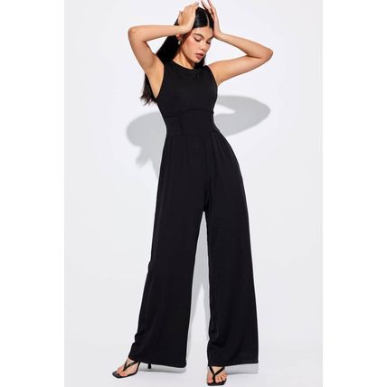 Black Cinched Waist Sleeveless Wide Leg Jumpsuit