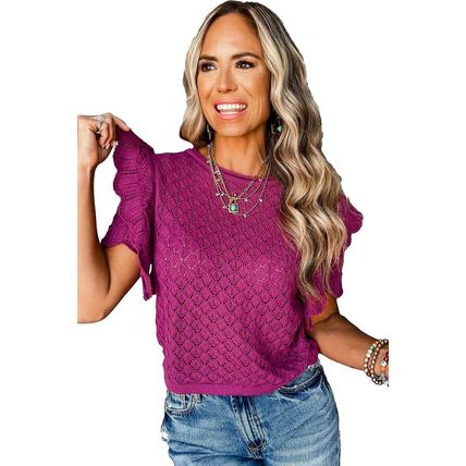 Violet Ruffled Short Sleeve Textured Knit Sweater