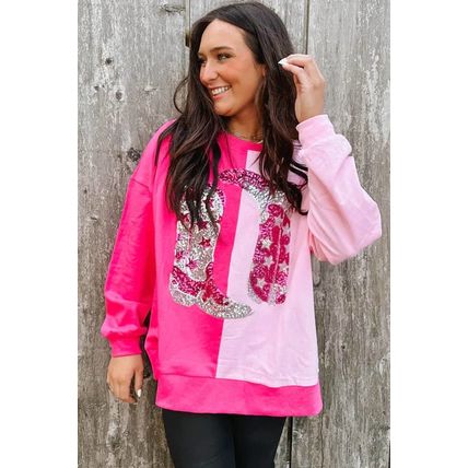 Pink Color Block Sequined Cowgirl Boots Graphic Sweatshirt