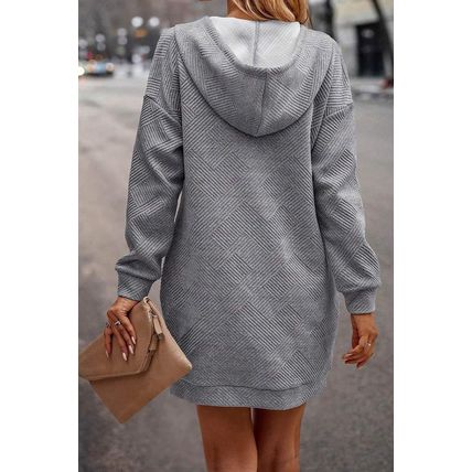 Gray Textured Kangaroo Pocket Drawstring Hooded Mini Dress