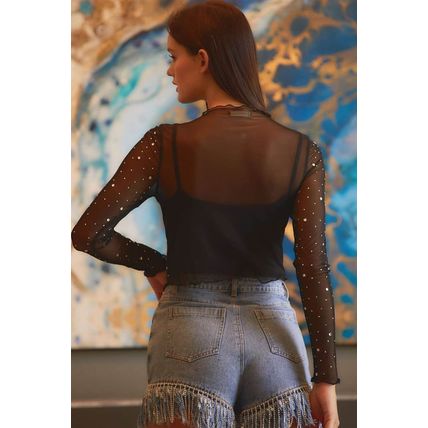 Black Rhinestone Sheer Mesh Slim Fit Long Sleeve Top