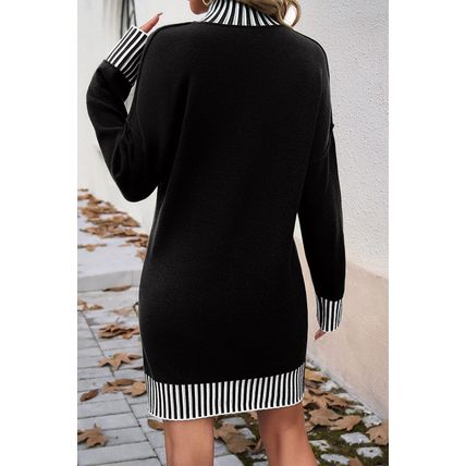 Black Striped Trim Mock Neck Dropped Long Sleeve Sweater Mini Dress