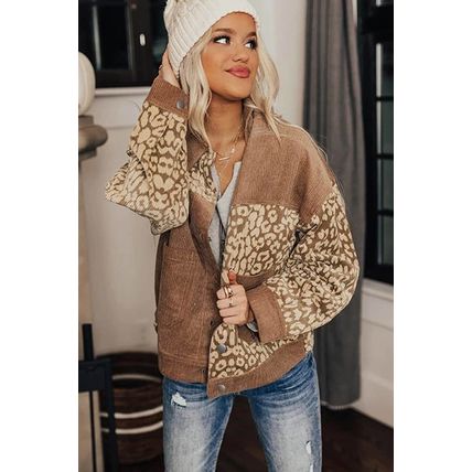 Brown Leopard Print Corduroy Long Sleeve Jacket