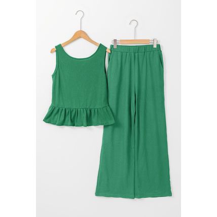 Green Solid Color Ribbed Ruffle Tank Top and Pants Set
