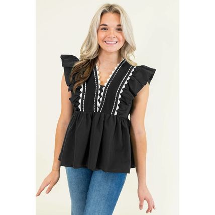 Black Contrast Ricrac Trim Ruffled V Neck Peplum Top