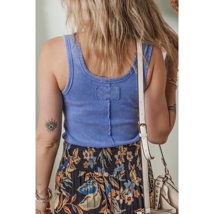 Sky Blue Mineral Wash Ribbed Notch Neck Tank Top
