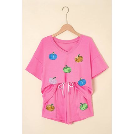 Bonbon Sequin Halloween Pumpkin Pattern V Neck Tee and Drawstring Bottoms Casual