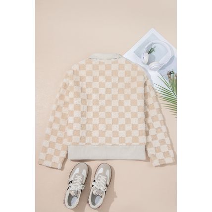Khaki Checker Sherpa Corduroy Patchwork Zip up Collared Jacket