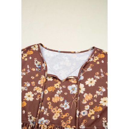 Khaki Floral Textured Tied Neck Long Sleeve Plus Size Babydoll Blouse