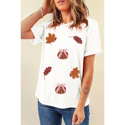 White Sequined Pumpkin Leaves Fall Vibe Graphic T Shirt