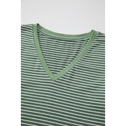 Green Stripe V Neck Stretchy Long Sleeve Top