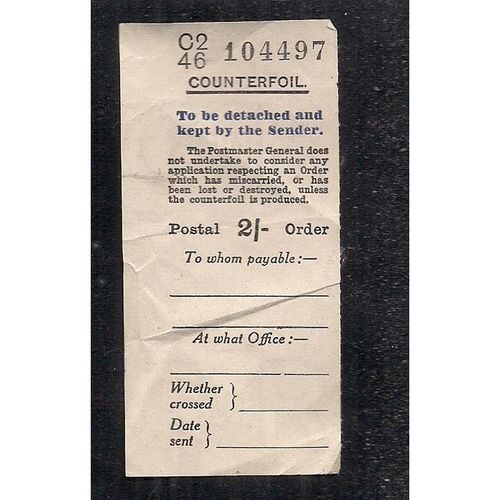 a Postal Order Counterfoil. pre-decimel 2/- 1946 =