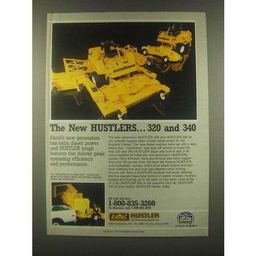1985 Excel Hustler 320 and 340 Mowers Ad