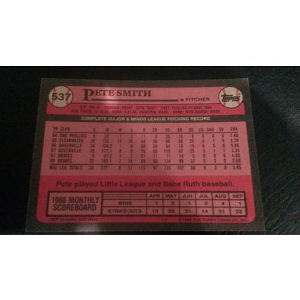 1989 Topps Card # 537 Pete Smith Excellent (5) Atlanta Braves