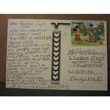 multview, BANJUL, THE GAMBIA used postcard Disney stamp =
