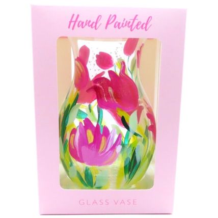 Pink Tulips Floral Vase Glass Handpainted 18 CM Gift Home Decor Ornament