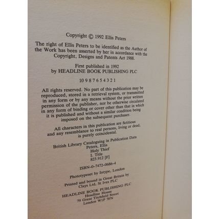 The Holy Thief - Ellis Peters - First U.K Edition - First Print - Hbk - 1992