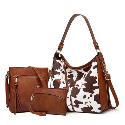 Women Western Cow Print Purse Designer Top Handle Handbags Three Piece Brown