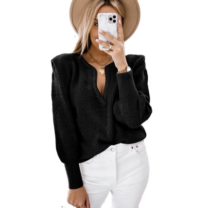 Black Braided Notched V Neckline Puff Sleeve Knitted Sweater