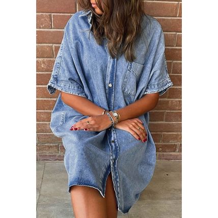 Light Blue Loose Medium Wash Short Sleeve Shirt Chambray Dress