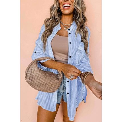 Sky Blue Stripe Roll-tab Sleeve Pocketed Long Shirt