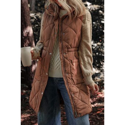 Coffee Longline Quilted Stand Collar Puffer Vest