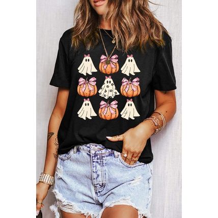 Black Bowknot Ghost Pumpkin Graphic Halloween T Shirt