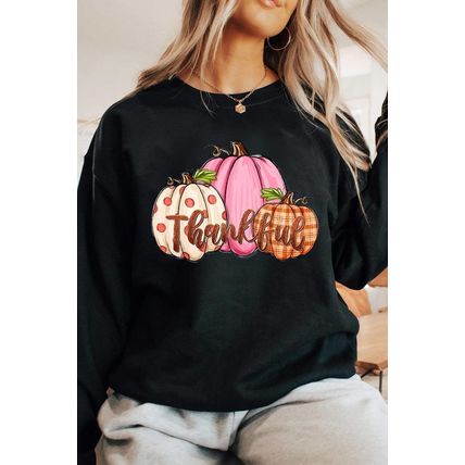 Black Pumpkin Thankful Drop Shoulder Thanksgiving Pullover Sweatshirt