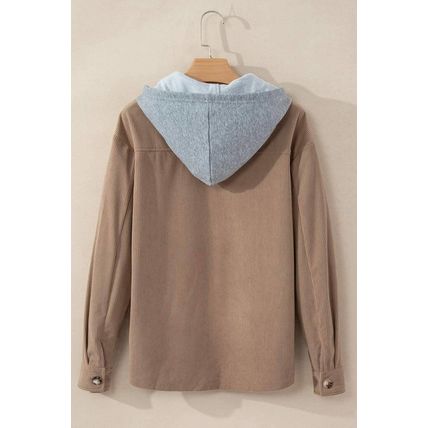 Pale Khaki Hooded Drawstring Pockets Corduroy Shacket