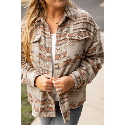 White Aztec Geometric Print Pockets Plus Size Jacket