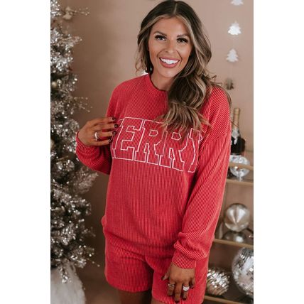 Racing Red MERRY Ribbed Knit Long Sleeve Lace-up Waist Plus Size Set