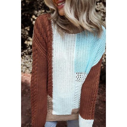 Khaki Mix Textured Knit Colorblock Patchwork Sweater