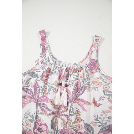 Multicolour Floral Print Fringed Tie U Neck Sleeveless Mini Dress