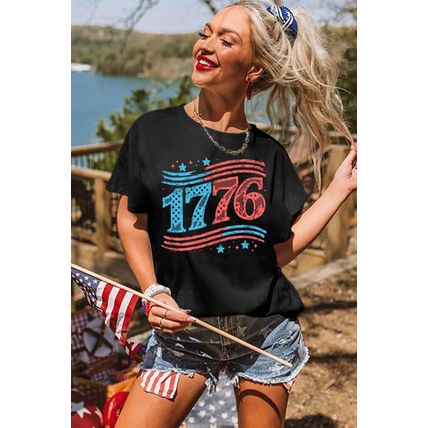 Black 1776 American Flag Theme Print Crew Neck T Shirt