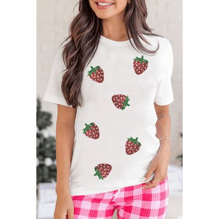 White Sequin Strawberry Patched Crew Neck T Shirt