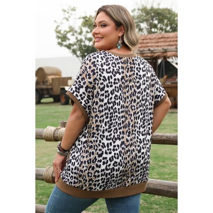 Khaki Leopard Contrast Trim Short Sleeve Loose Plus Size Top