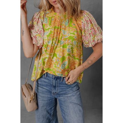 Multicolour Printed Contrast Bubble Sleeve Patchwork Blouse