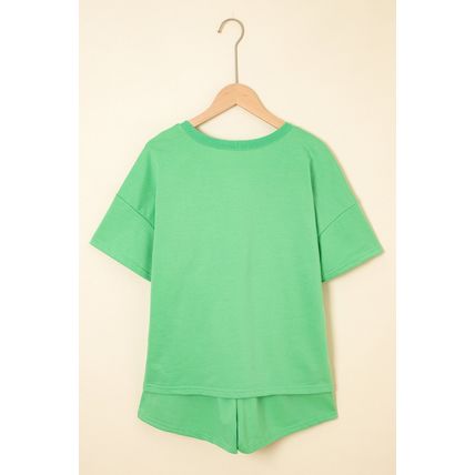 Mint Green V Neck Drop Shoulder Tee and Patchwork Drawstring Shorts Set