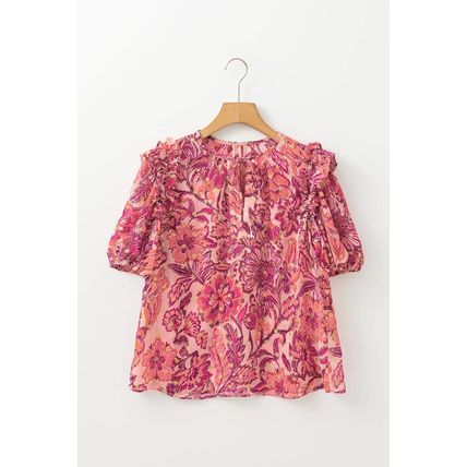 Red Floral Print Ruffled Puff Short Sleeve Blouse