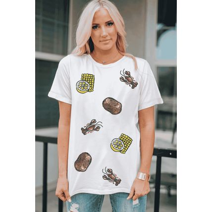 White Sequin Crawfish Potato Lemon Corn Graphic Crewneck T Shirt