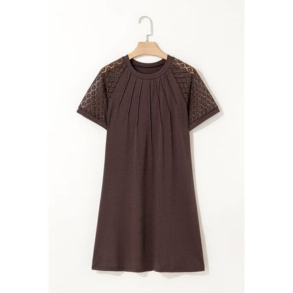 Dark Brown Contrast Lace Raglan Sleeve Pleated Detail Shift Dress