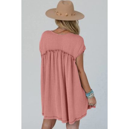 Dusty Pink Corded Knit Textured Patched Pocket Frilled Swing Mini Dress with Poc