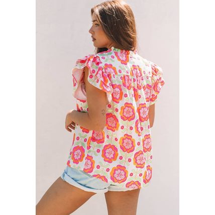 Rose Floral Ruffled Sleeve Ric-rac Trim Split Neck Loose Blouse