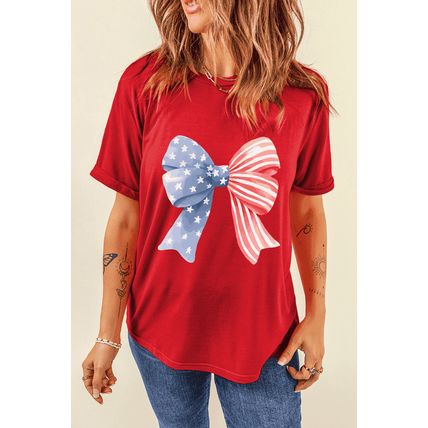 Red Stars and Stripes Bow Print Independence Day T Shirt