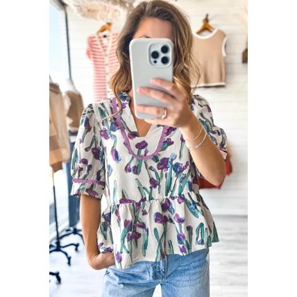 Purple Floral Ricrac Trim Half Sleeve Peplum Top