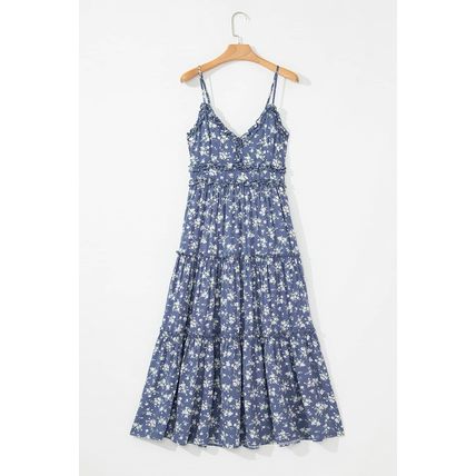 Blue Floral Spaghetti Strap Frilled V Neck Tiered Midi Dress